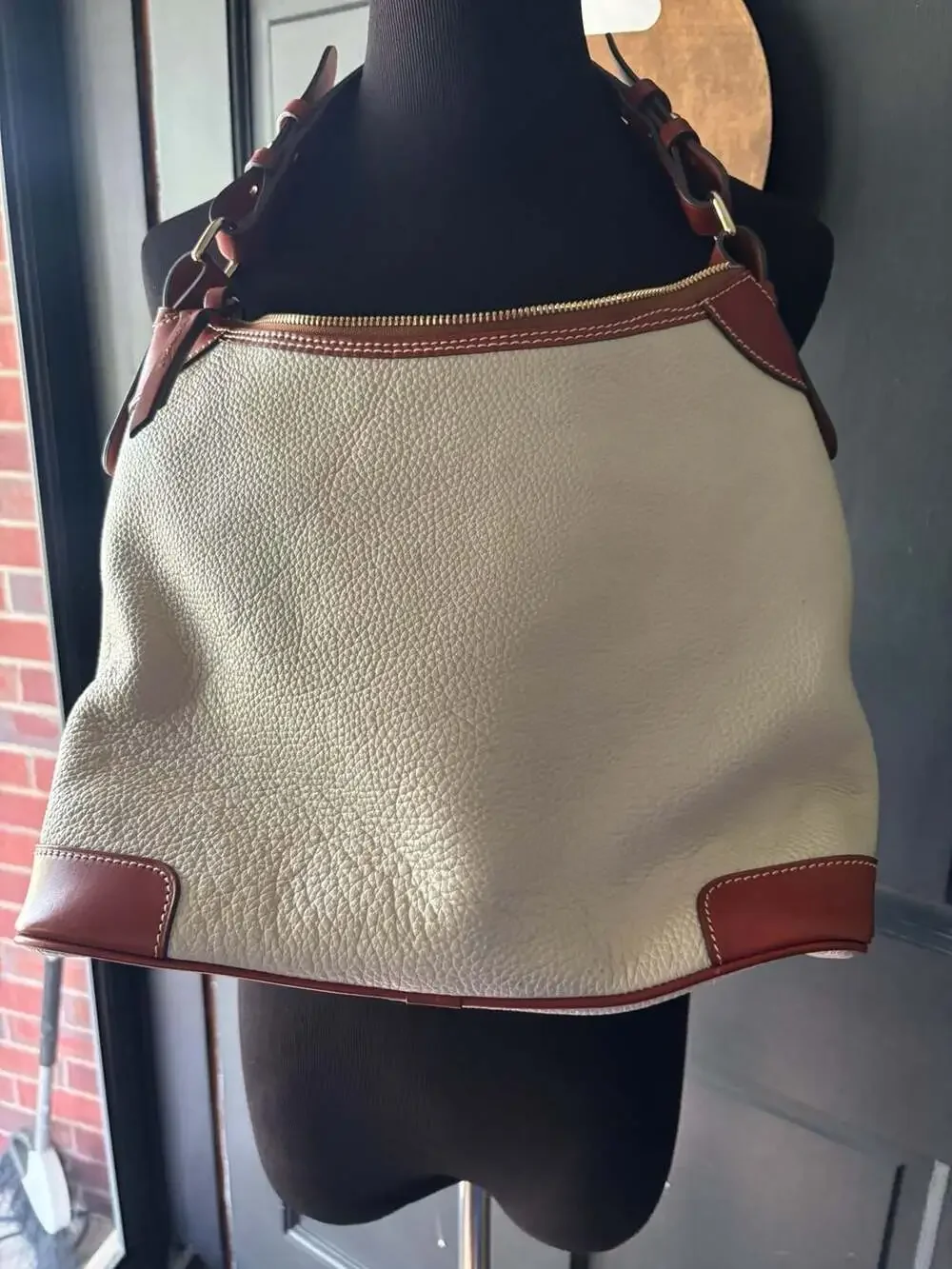 Dooney and Bourke White Leather Hobo Bag with Brown Trim,